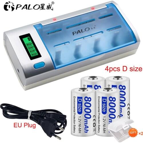 4-8pcs D Size Rechargeable Battery 1.2V 8000mAh NI-MH +Multi Usage Smart Fast Charging LCD Display AA AAA C D 9V Battery Charger