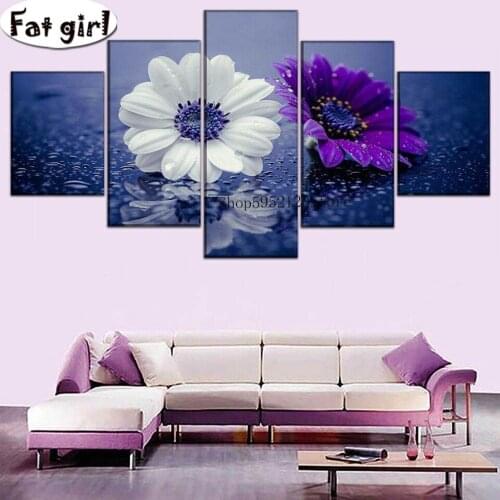 5 Panel Diamond Painting White and purple flowers 5D Cross Stitch Embroidery Diy Mosaic Square Round Drill Wall Sticker Gift