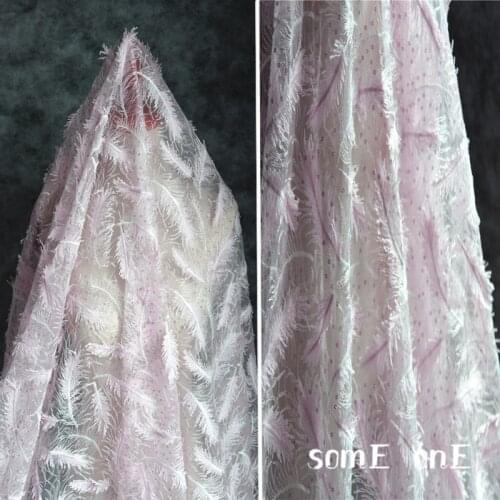 Sequined Embroidered Tulle Fabric Pink Peacock Feather Patten DIY Background Decor Skirt Gown Wedding Dress Lace Designer Fabric