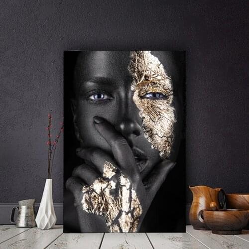 African Art Black Gold Woman Oil Painting on Canvas Cuadros Posters and Prints Scandinavian Wall Picture for Living Room Decor