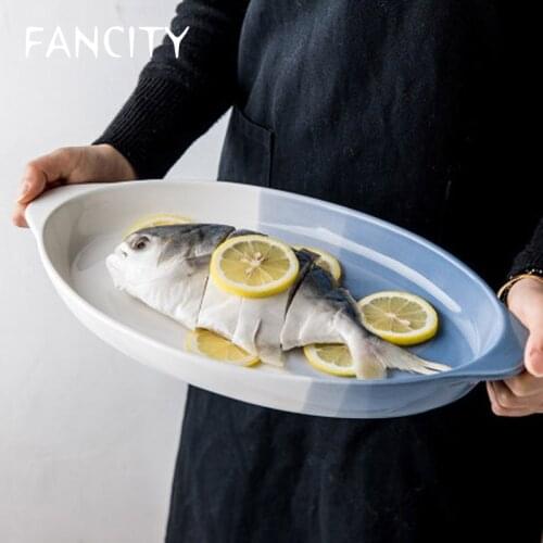 FANCITY New style extra large double ear fish plate Household large fish plate ceramic dinner plate large oval long fish plate
