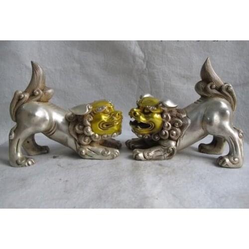 Chinese White Copper Silver Gilt Feng Shui Evil Door Play Fu Foo Dog Lion Pair