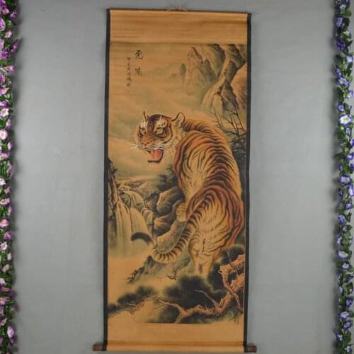 Chinese Qing Dyansty Scroll Painting Megatron Mountain Tigers Uphill, Free shipping