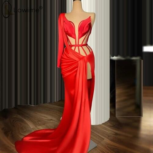 Red One Shoulder Long Sleeve Evening Dresses 2020 Sexy Mermaid Satin Evening Party Gowns Robes vestidos de noche