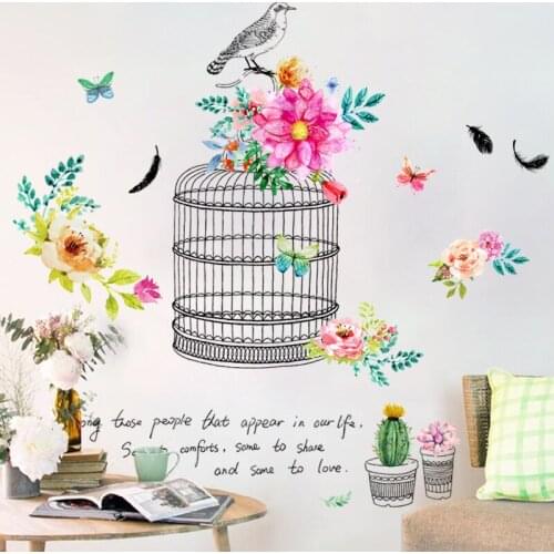 Creative Bird Cage Wall Stickers Flowers Small Fresh Living Room Decoration Bedroom Furniture Decals Self-adhesive Wallpaper