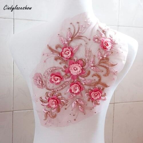 34*21.5cm 3D Beaded Lace Applique Embroidered Flower Fabric Lace Trim For Decorate Wedding Dress Bridal Gown Garment Accessories