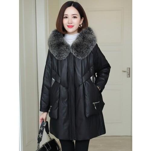 90% White Duck Down Real Sheepskin Leather Jacket Women Fox Fur Collar Hooded Coat Female Oversized Womens Jackets Ropa Zjt1257