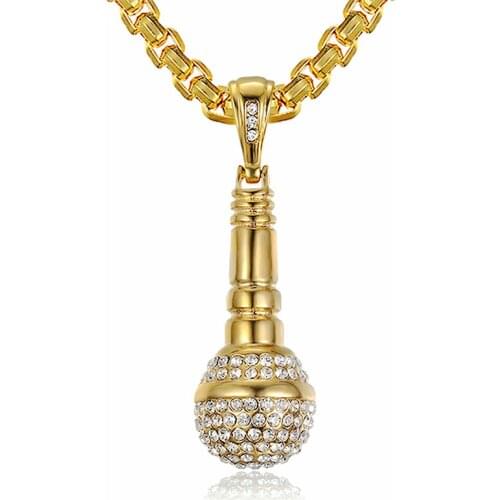 Iced Out Chain Necklace Microphone Pendant Necklace Stainless Steel Gold/Silver Color Rhinestone Best Friend Hip Hop Jewelry