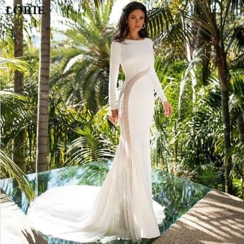 LORIE Soft Satin Mermaid Wedding Dresses Long Sleeve Shiny Glitter Bride Dresses 2021 Plus Size Custom Made Wedding Gowns