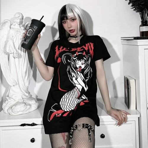 Fashion Cotton Women Dress Cartoon Anime Print Black Gothic Hip Hop Japan Short-sleeved Loose Style Summer Dress Robe Femme