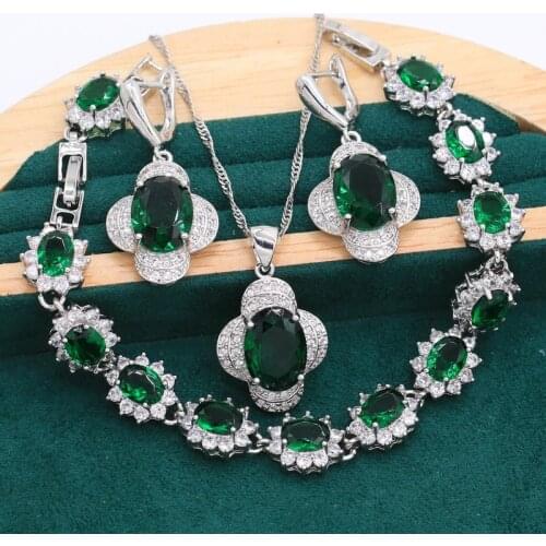 Personalized Green Zircon 925 Sterling Silver Jewelry Sets For Women Bracelet Earrings Wedding Necklace Pendant Free Box 3PCS