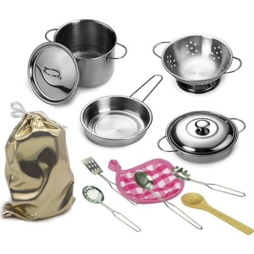 New Kids Funny KitchenToy 1Set 12pc Stainless Steel Pots Pans Cookware Silver Miniature Toy Pretend Play Gift For Kid
