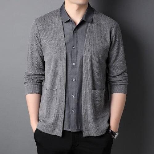 2021 Autumn New Mens Fake Two-piece Knitted Cardigan Business Casual Slim Fit Shirt Collar Sweater Male Brand Clothing