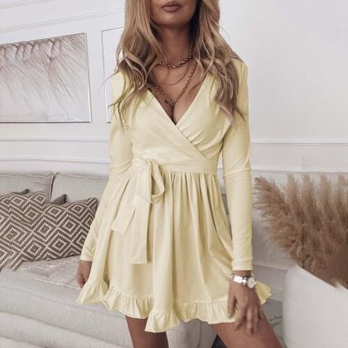 Autumn Sexy Deep V-neck Ruffle Mini Dress Women 2021 Elegant A-line Solid Slim Belted Long Sleeve Office Ladies Dresses Vestidos