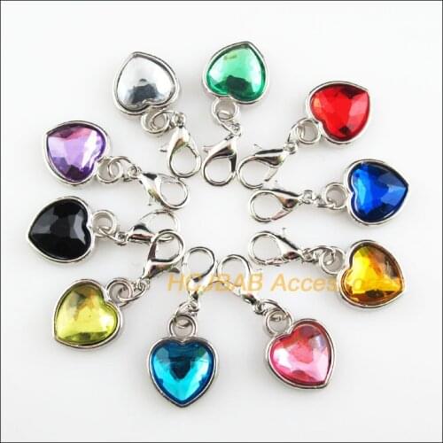 10Pcs Dull Silver Plated Retro Mixed Acrylic Heart With Lobster Claw Clasps Charms 12.5x16.5mm