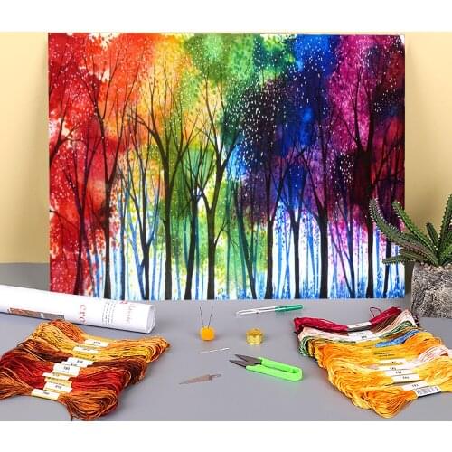 Natural Scenery Rainbow Trees Printed 11CT Cross Stitch DIY Embroidery Set DMC Threads Handiwork Sewing Knitting Gift