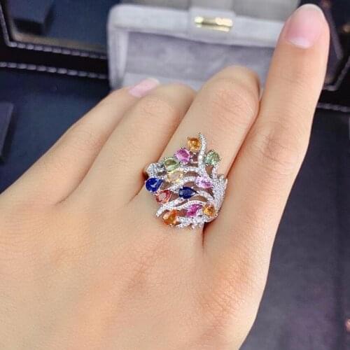 Luxury wealth personality woods Natural Multicolor sapphire Ring S925 Silver Natural Gemstone Ring Women party gift Jewelry