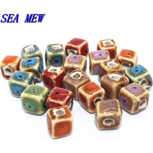SEA MEW 100PCS 8mm Square Ceramic Spacer Beads Diy Beads Porcelain Beads Handmade Hole Beads For Jewelry Making