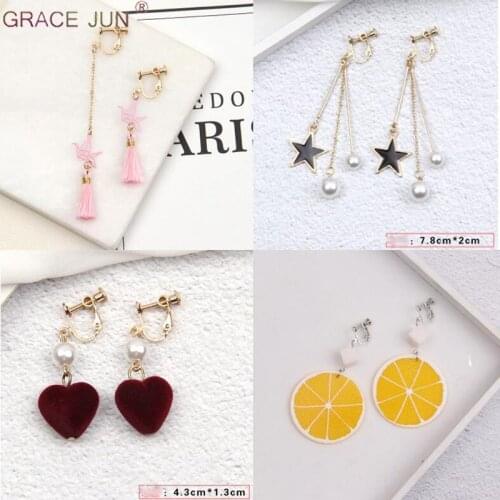 GRACE JUN clip on earrings no pierced for women Luxury heart star rabbit bow-knot geometric charm clip earrings no hole earrings