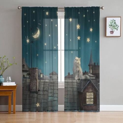 Kitten Roof Night Stars Tulle Curtains For Living Room Bedroom Voile Curtain Home Decoration Sheer Balcony Door Curtain