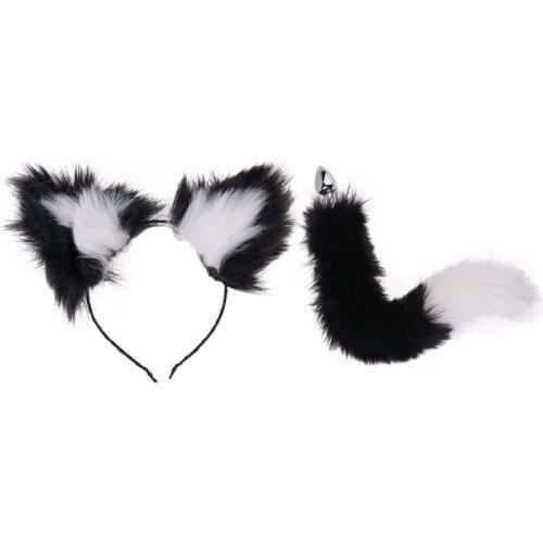 Novelty Faux Fur Animal Ears Headband Headdress with Tail Chrome Metal Plug Set Cosplay Toys for Women Bachelorette Hens Party