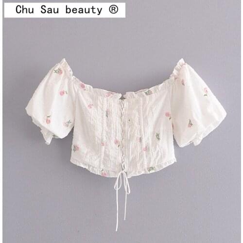 Chu Sau beauty Women Summer Tops Sweet Casual Self-cultivation Straps Shoulder Embroidered Puff Sleeve Short-sleeved Shirt Woman