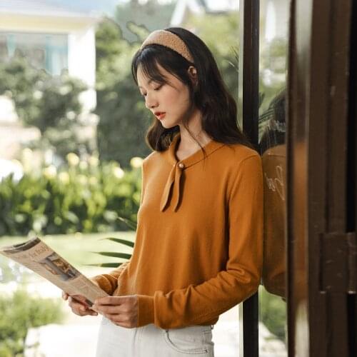 INMAN Spring Autumn Multicolor Rabbit Ear Bow Tie Button Up Long Sleeve Micro-elastic female Sweater