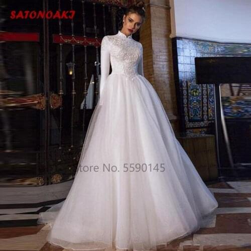 2020 Muslim Wedding Dress A Line High Neck Long Sleeve With Lace Appliques Tulle Bridal Gown Custom Made Vestido De Novia Online