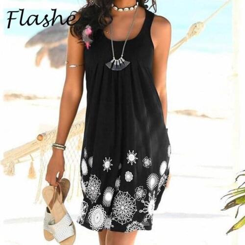 Summer Floral Tank Dress Women Vintage Sleeveless Boho Beach Dresses For Women Casual O Neck Loose Dress Plus Size Women Clothes