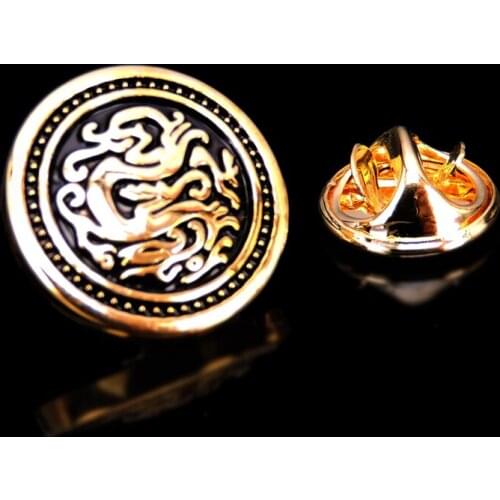 Gold Round dragon design Brooch mens Lapel Pin clothing knapsack badge mens and womens fashion jewelry