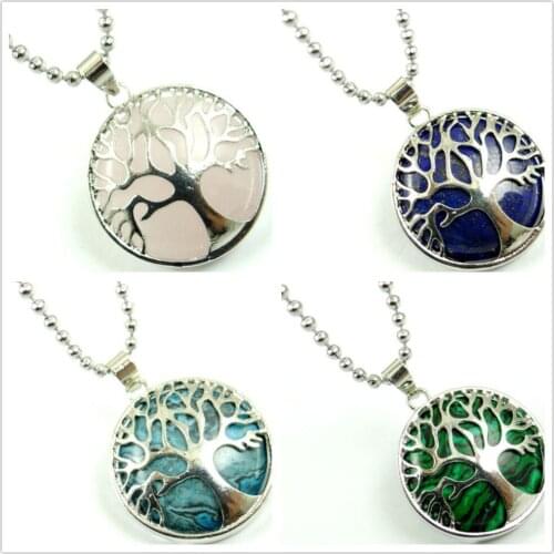 1PC Natural Stone Quartz Crystal Opal lapis Pendant Handmade Silver Color Tree of Life Round Shaped etc Reiki Jewelry necklace