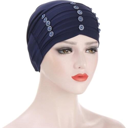 2020 New women head scarf turban caps pearls hijab bonnet stretchy inner hijabs muslim headscarf hat female underscarf caps