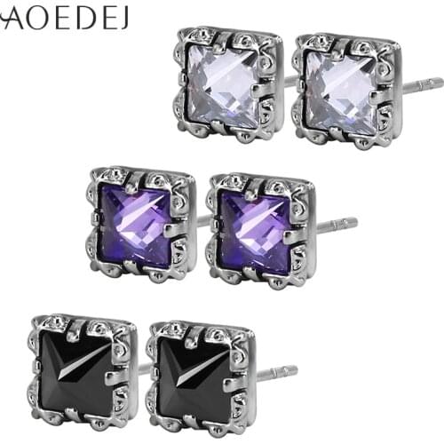 AOEDEJ 9mm Square Earring Stud Black Crystal Earrings Men Stainless Steel Cubic Zirconia Earrings Purple Strass Zilver Oorbellen