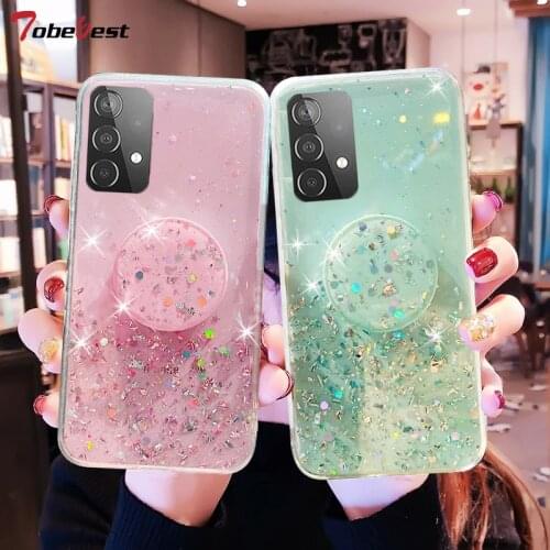 Bling Glitter Silver Foil phone holder Case For Samsung Galaxy A12 A32 A42 A52 A72 5G A02S A01 Core Silicone Cover