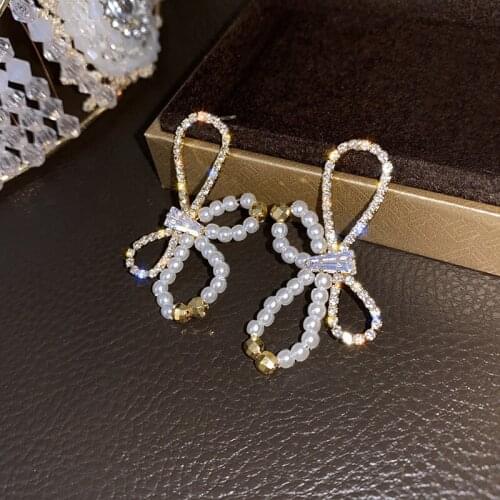 DAVINI Bowknot Pearl Dangle Earrings Elegant Temperament Shiny Drop Earrings for Women Wedding Party Jewelry MG403