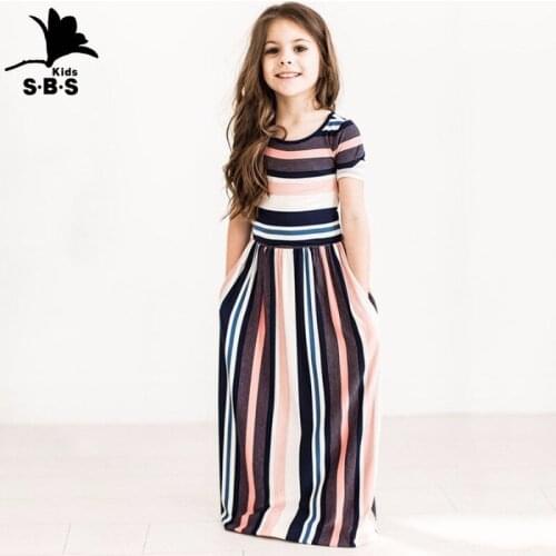Small and Medium-sized Childrens 5 Colors Stripe Printing Round Neck Short-sleeved Waist Dress Childrens Princess Long Dress