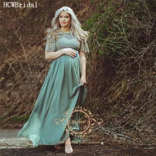 Exquisite Beads Crystals Long Evening Formal Dress For Pregnant Women Short Sleeves A Line Custom Made Prom Party Gowns Dresses