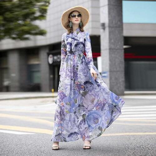 Purple Chiffon Bowtie Floral Dresses Women Fashion Elegant 2021 Summer Long Casual Sexy Office Work Daily Dress Plus Size Slim