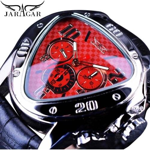 Jaragar Fashion Red Mens Automatic Mechanical Wrist Watches Triangle 3 Sub-dials Leather Racing Design reloj hombre Dropshipping