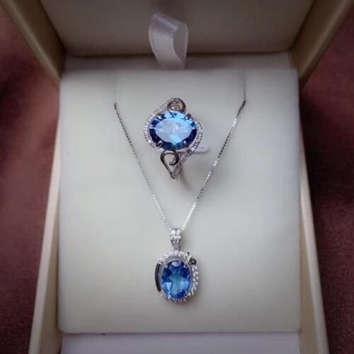 Classic ocean blue Topaz gemstone ring and necklace 925 silver jewelry set pure blue color natural gem birthstone couple gift