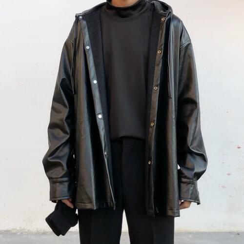 Spring Autumn Hooded Pocket Single Breasted Loose Black Women Lady Female Outerwear Pu Jacket