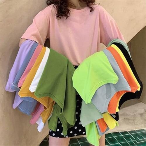 Summer Loose Short Sleeve T-Shirt Women Tee Shirt Loose Solid Basic T Shirt Women Casual O-neck Hipster Tshirt Top