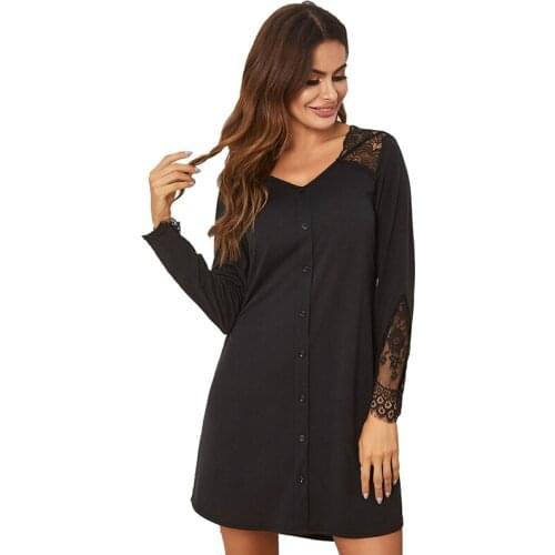 Liva Girl Casual Nightdress Hot Sale Long Sleeve Dresses Lace Stitching Fake Placket European\American Autumn New Vestido