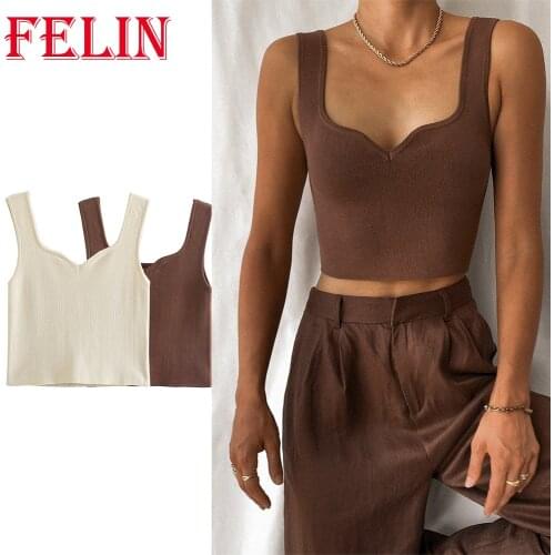 FELIN Summer Women White Tank Top Fshion New Vintage Solid Blackless Knitted Za Vest Girls Casual Chic Mujer Blouse