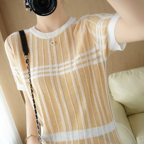 New style ladies short-sleeved 100% wool knitted short-sleeved T-shirt casual fashion ladies pullover plaid ladies top