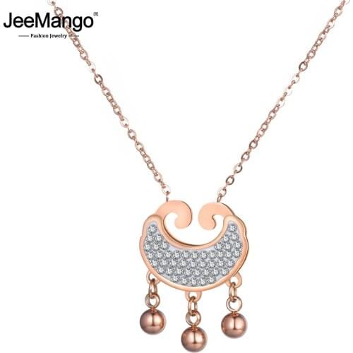JeeMango Stainless Steel Pendant Necklace Longevity Lock Chinese Style Rose Gold Color Jewelry Rhinestone Gift For Women JN18270