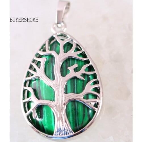 Silver Color Tree of life Water Drop Necklace Pendant Natural Gem Stone Green Malachite 1Pcs K437