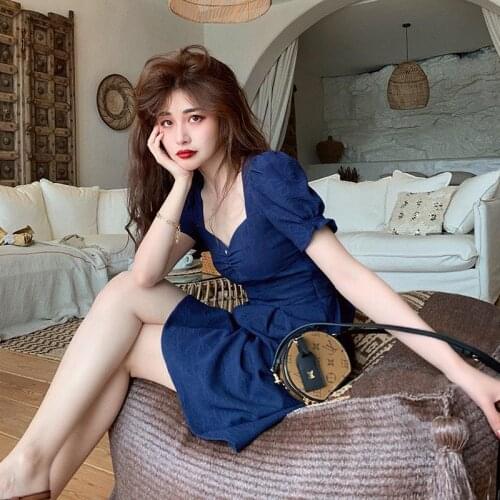 French Bellflower Cheongsam Square Collar Skirt Hepburn Style Puff Sleeve Dress Summer Women Dresses Summer 2021