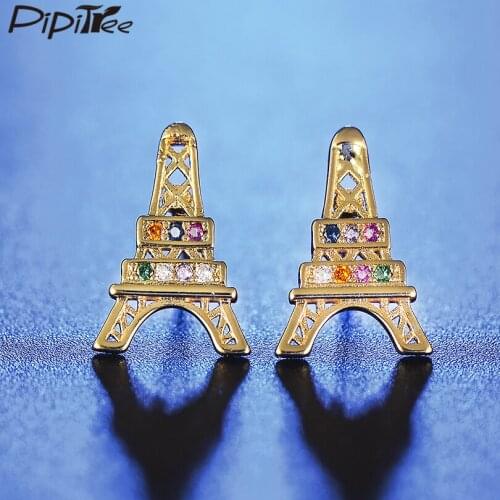 Pipitree Popular Eiffel Tower Stud Earrings Copper Cubic Zirconia Jewelry Ear Stud Earrings for Women Girls Pendientes de mujer