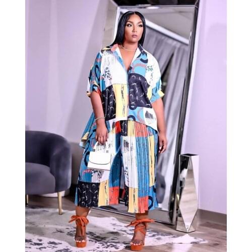 RMSFE 2021 Women Large Short Sleeve Fashion Print Temperament Commuter Loose Shirt Pleated Pants Two Piece Set